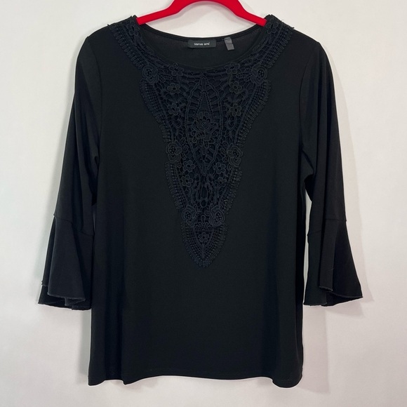 Verve Ami Tops - Verve Ami Black Crocheted V neck Blouse Ruffle Bell 3/4 Sleeves Sz Large